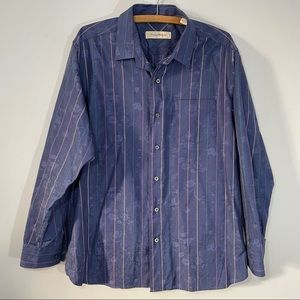 Tommy Bahama navy silk striped tropical paisley button down long sleeve shirt